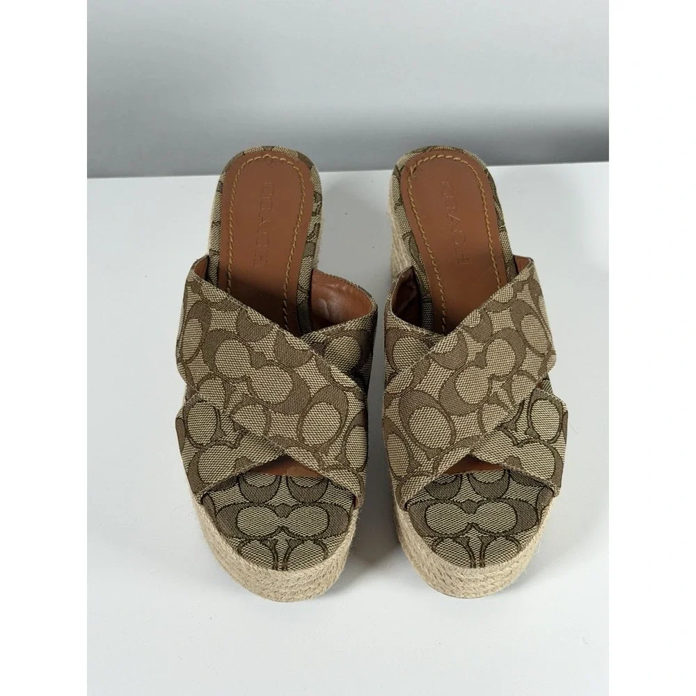 Womens Size 7.5B Coach Slide Espadrille Wedge With Signature Coach Print